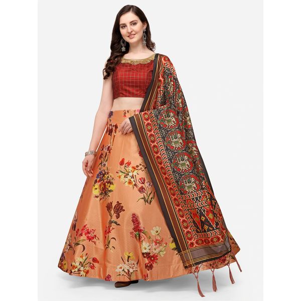 Digital Print Satin Silk Fabric Stitched Lehenga Choli With Jequared Blouse and Assami Silk Thread Work Dupatta For Women and Girls In Festive Party And Traditional Wear