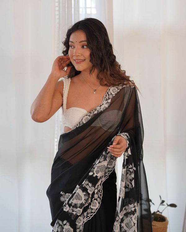 Black Color Thai Organza Silk Fancy Thread Embroidery With Cut Dana Work Saree