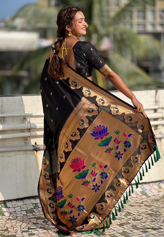 Black Wevon Paithani Meenakari Designer Saree For Graceful Party Looks