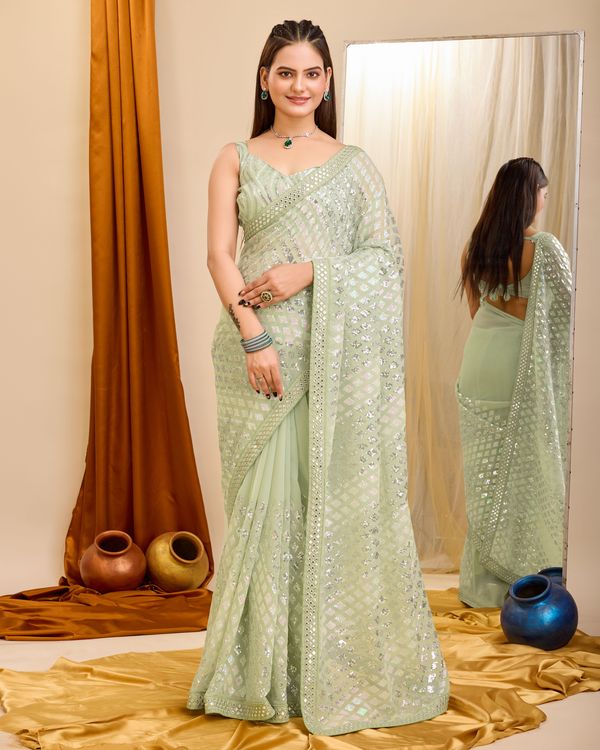 Pista Designer Sequance Embroidery Work Georgette Saree