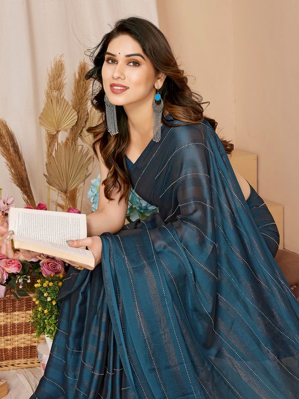 Teal Wevon Designer & Swarovski Work Georgette Saree