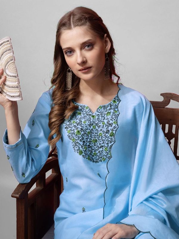 Sky Blue Color Cotton Blend Readymade Dress With Designer Embroidery Work