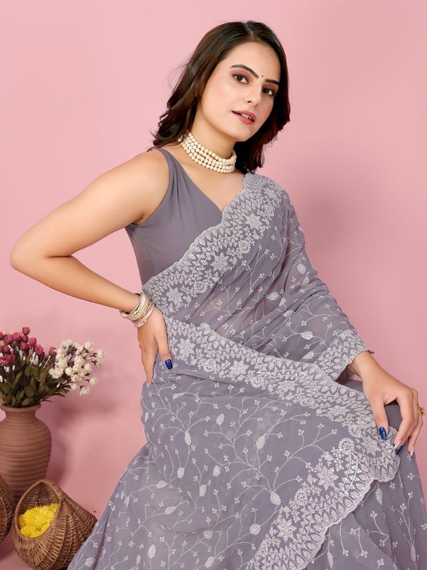 Purple Thread & Sequance Embroidery Work Georgette Saree