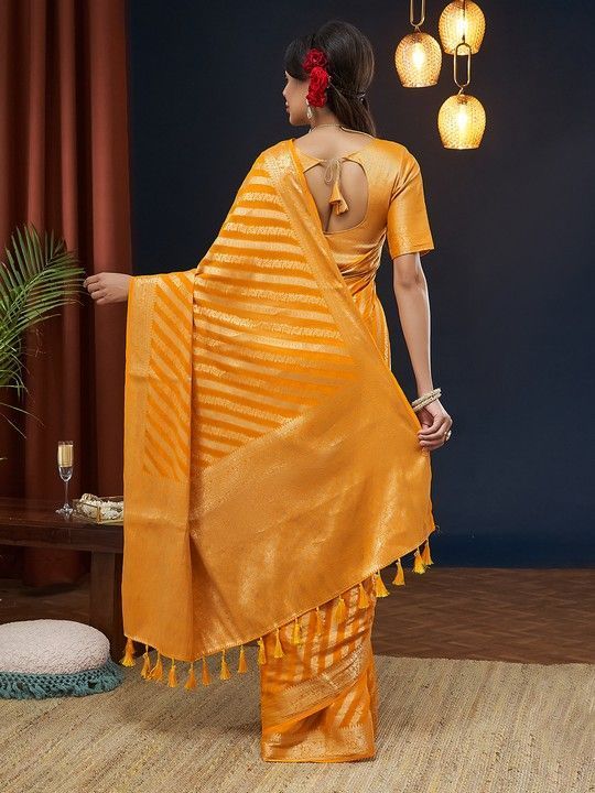 Yellow Georgette Leheriya Saree With Tassels on Pallu and Stitched Yellow Blouse