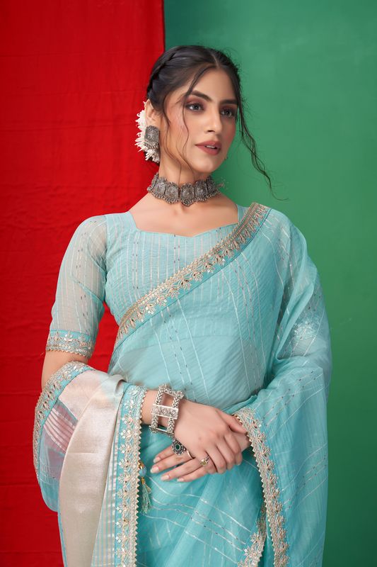 Sky Blue Wevon Lining Designer & Coding & Sequance & Gota Patti Embroidery Work Organza Saree