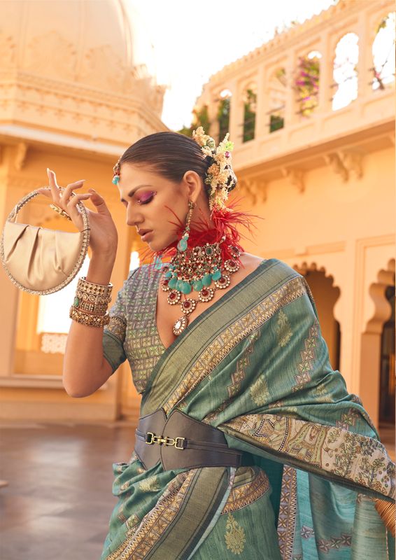 Green Wevon Border Designer & Printed P V Silk Saree