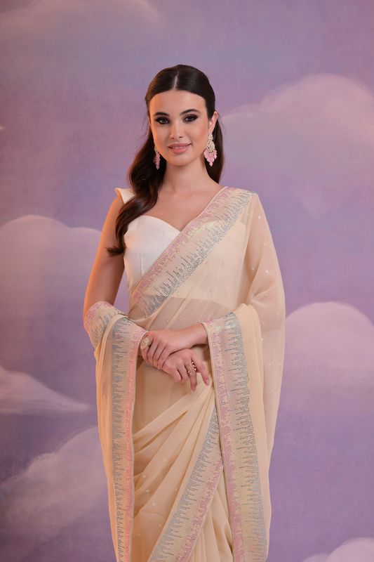 Beige Designer Sequance Embroidery Work Georgette Saree