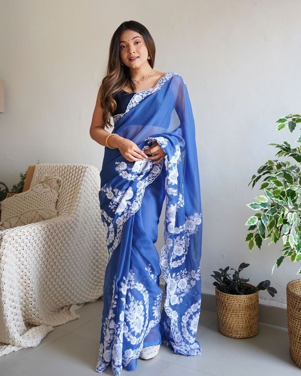 Blue Thread Embroidery & Cut Dana Work Thai Organza Silk Saree