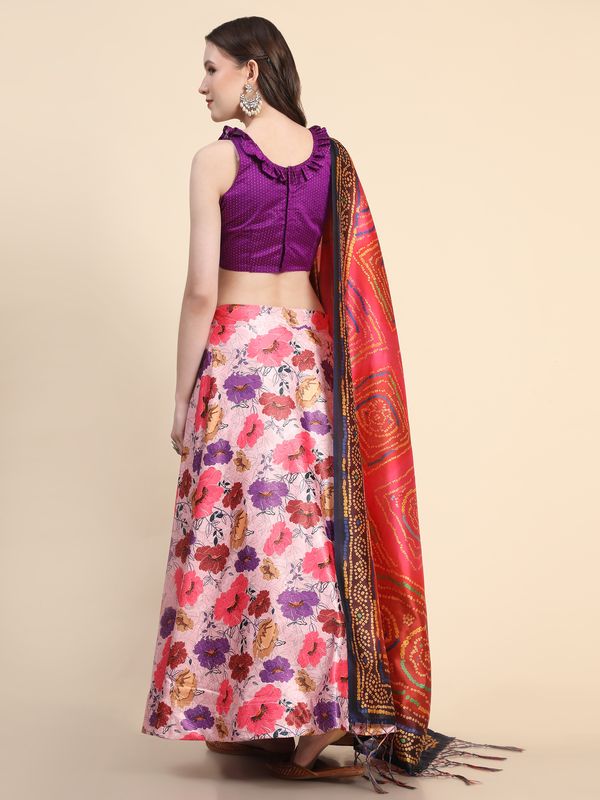 Digital Print Satin Silk Fabric Stitched Lehenga Choli With Jequared Blouse and Assami Silk Thread Work Dupatta For Women and Girls In Festive Party And Traditional Wear