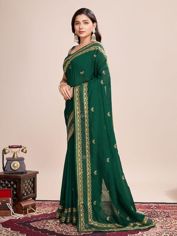 Green Designer Embroidery Work Vichitra Silk Saree