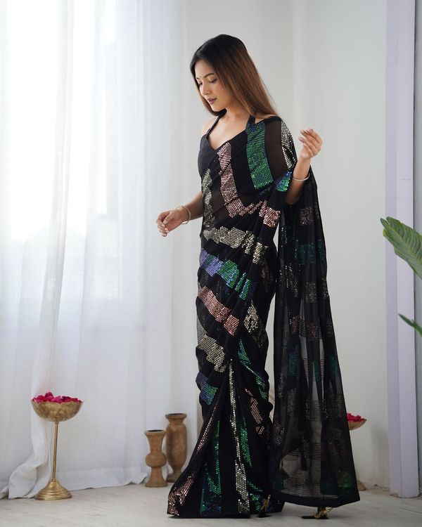 Black Designer Sequance Embroidery Work Georgette Saree