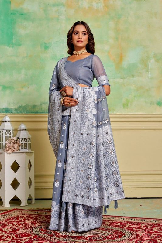 Grey Cotton Woven Saree With Tassels on Pallu and Stitched Grey Blouse