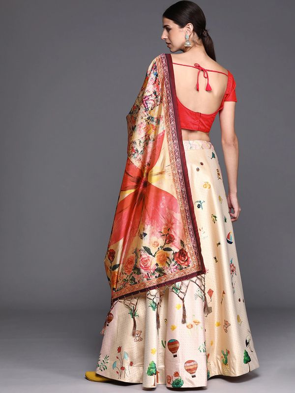 Ajarakh Digital Print Shiney Satin Stitched Lehenga Choli With Unstitched Multi Sequnce Work Blouse and Shiney Silk Dupatta For Women and Girls