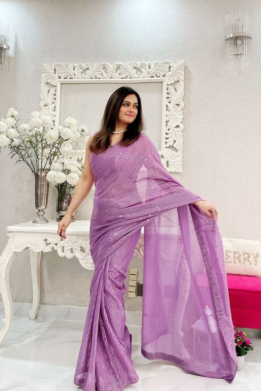 Lavender Georgette Heavy Sequance Embroidery Work Bollywood Party Style Celebrity Style Girlie Fancy Saree