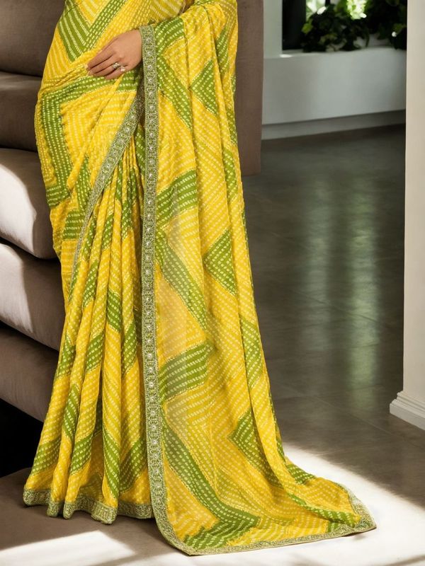 Yellow Bandhani Digital Printed & Embroidery Work Chinon Saree