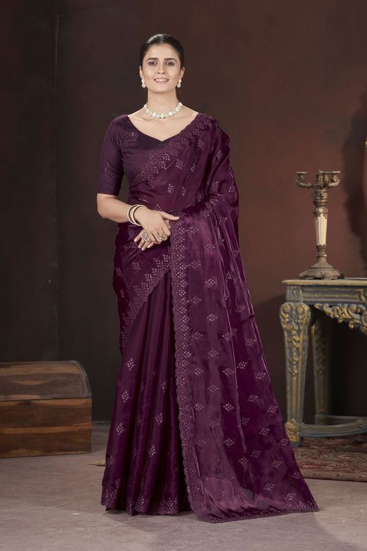 Magenta Sequance & Thread Embroidery Work Jimmy Choo Saree