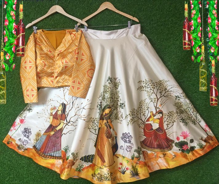 Digital Print Satin Silk Fabric Stitched Lehenga Choli With Jequared Blouse and Assami Silk Thread Work Dupatta For Women and Girls In Festive Party And Traditional Wear