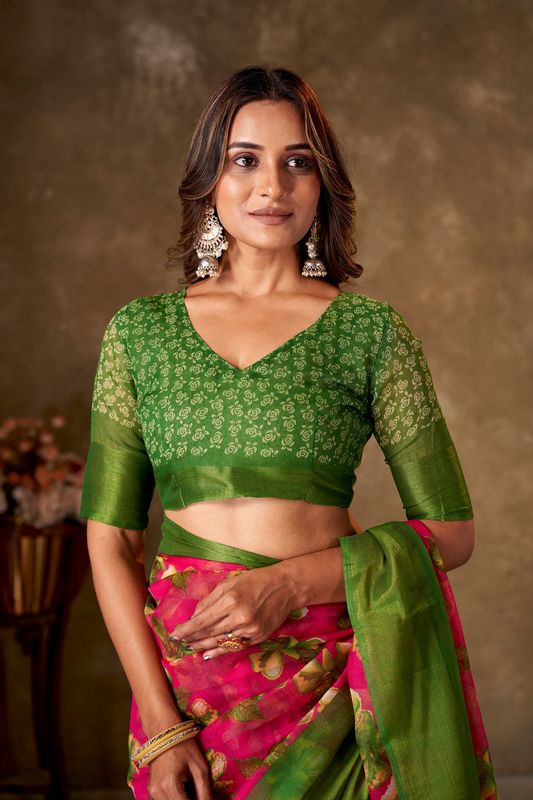 Pink Cotton Printed Saree and Stitched Green Blouse