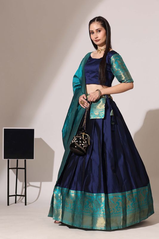 Navy Blue Lichi Silk Jacquard Work Lehenga