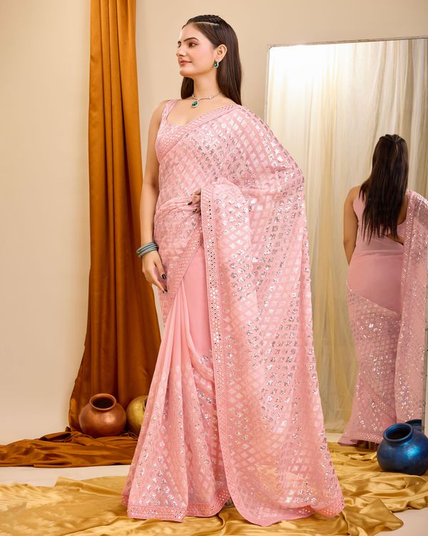 Pink Designer Sequance Embroidery Work Georgette Saree