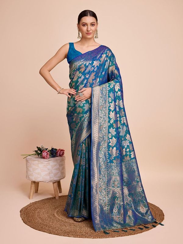 Firozi Weaving Copper Jari Designer Handloom Silk Saree
