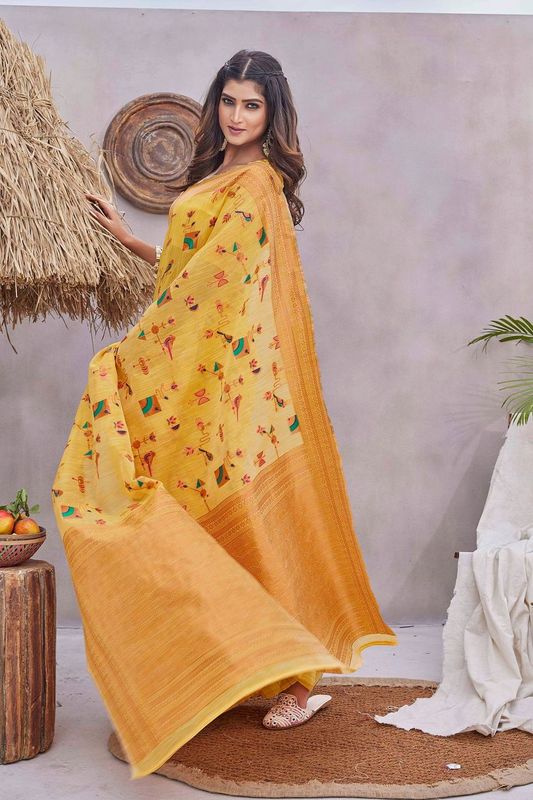 Yellow Color Wevon Jacquard Designer Linen Fabric Graceful Saree