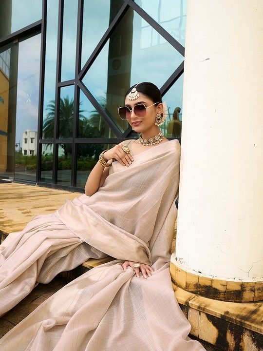 Brown Khadi Striped Saree and Stitched Brown Blouse