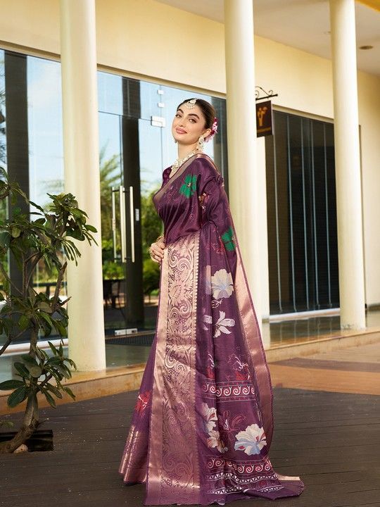 Wine Crepe Printed Saree and Stitched Wine Blouse