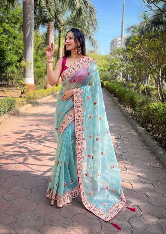 Blue Multy Thread & Jari Embroidery Work Silver Tissue Silk Saree