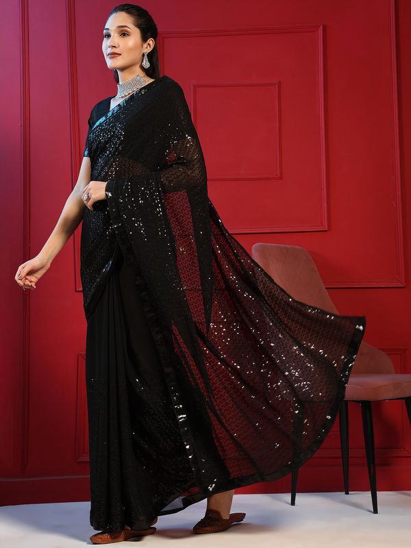 Black Designer Sequance Embroidery Work Georgette Saree