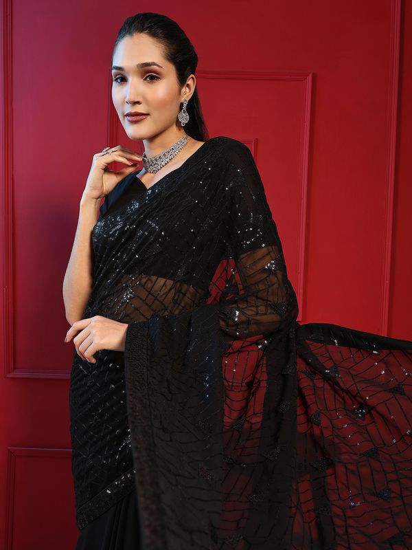 Black Designer Sequance Embroidery Work Georgette Saree