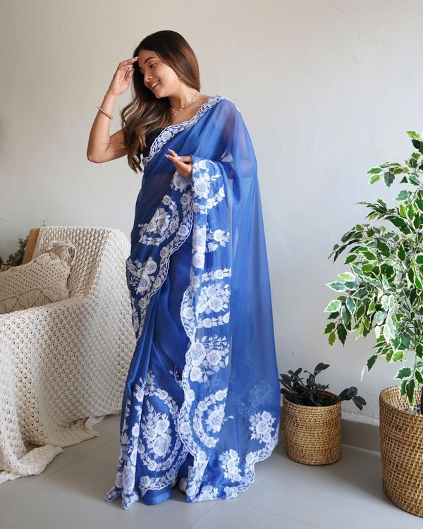 Blue Thread Embroidery & Cut Dana Work Thai Organza Silk Saree