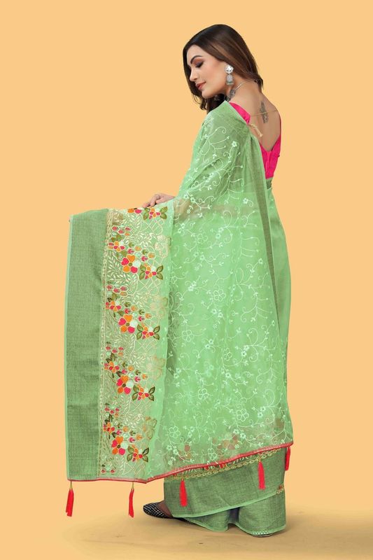 Green Wevon Jari Patta & Embroidery & Stone Work Organza Silk Saree