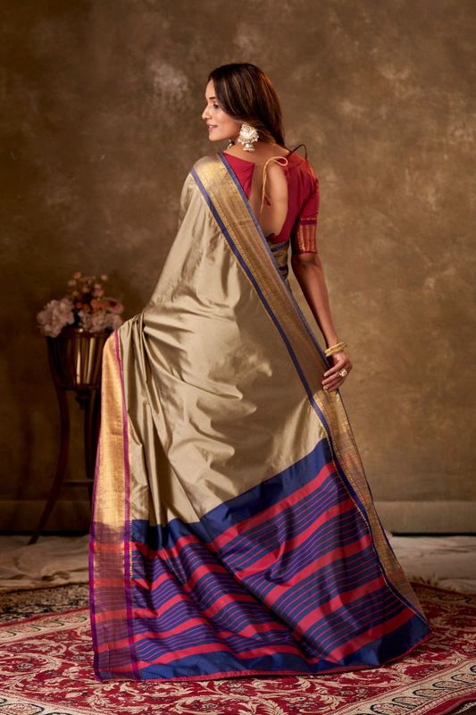 Gold Cotton Striped Saree and Stitched Red Blouse
