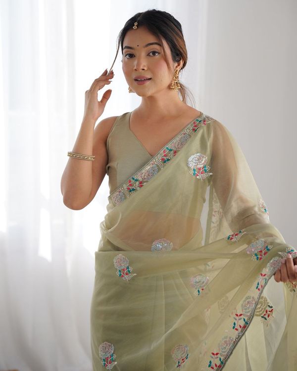 Pista Multy Thread & Sequance Embroidery Work Gold Twill Net Saree