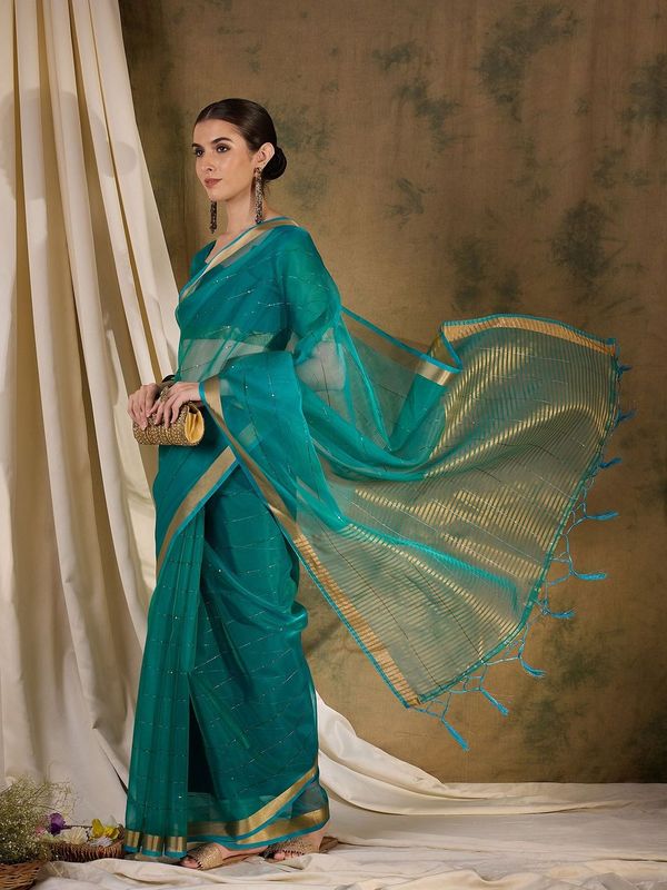 Teal Wevon Jari Pallu Border Designer & Sequance Lining Work Organza Silk Saree