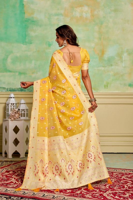 Yellow Cotton Woven Saree With Tassels on Pallu and Stitched Yellow Blouse
