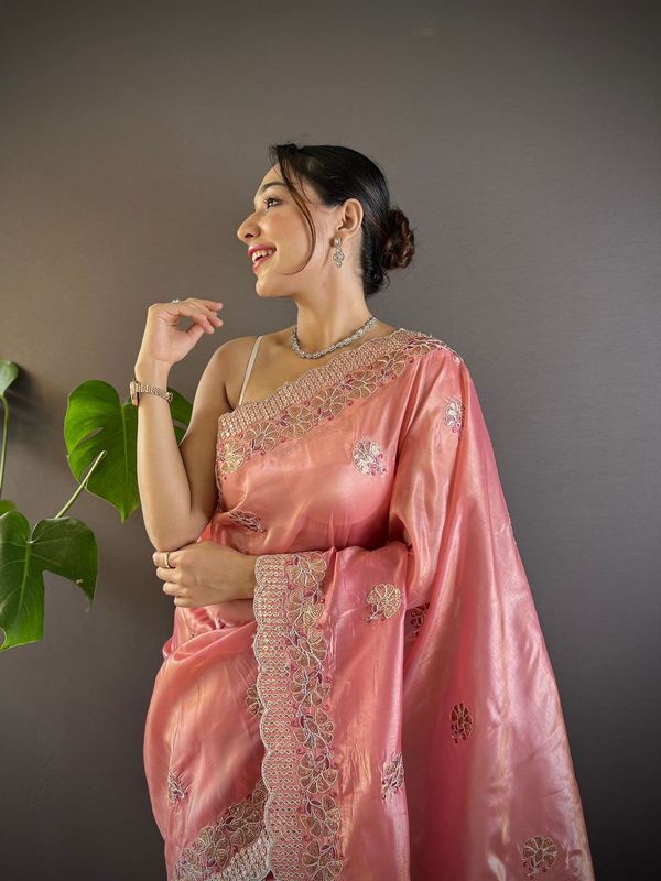 Pink Sequance & Thread Embroidery & Cut Work Gold Crunchy Saree