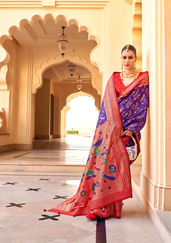 Pink & Neavy Blue Wevon Designer & Printed P V Silk Saree