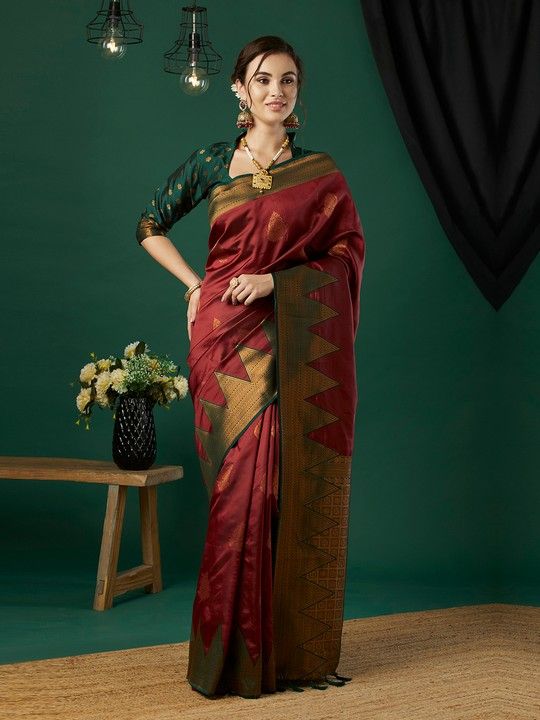 Red Banarasi Silk Woven Saree With Tassels on Pallu and Stitched Green Blouse