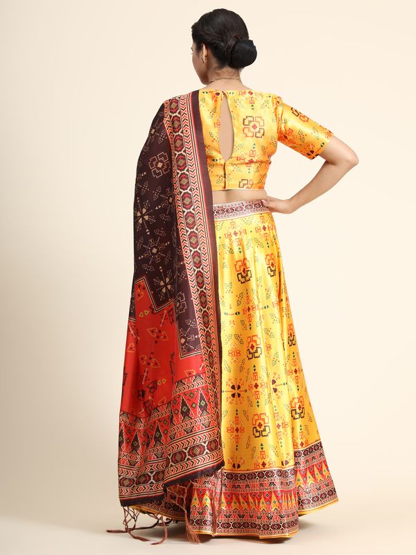 Digital Print Satin Silk Fabric Stitched Lehenga Choli With Jequared Blouse and Assami Silk Thread Work Dupatta For Women and Girls In Festive Party And Traditional Wear