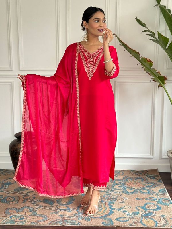 Women Embroidered Straight Kurta with Pant And Printed Dupatta Sets