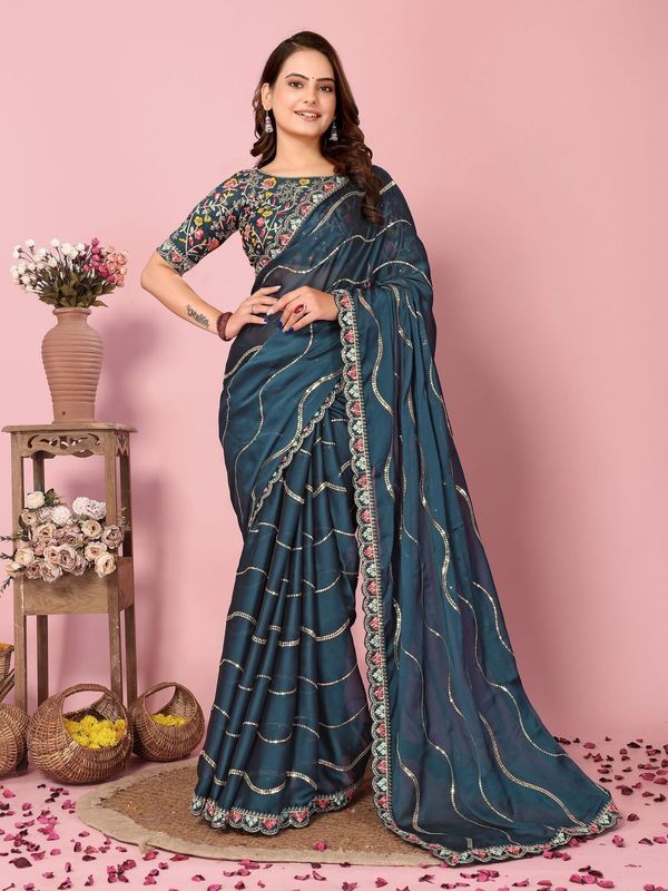 Teal Blue Multy Thread & Sequance Embroidery Work Rangoli Silk Saree