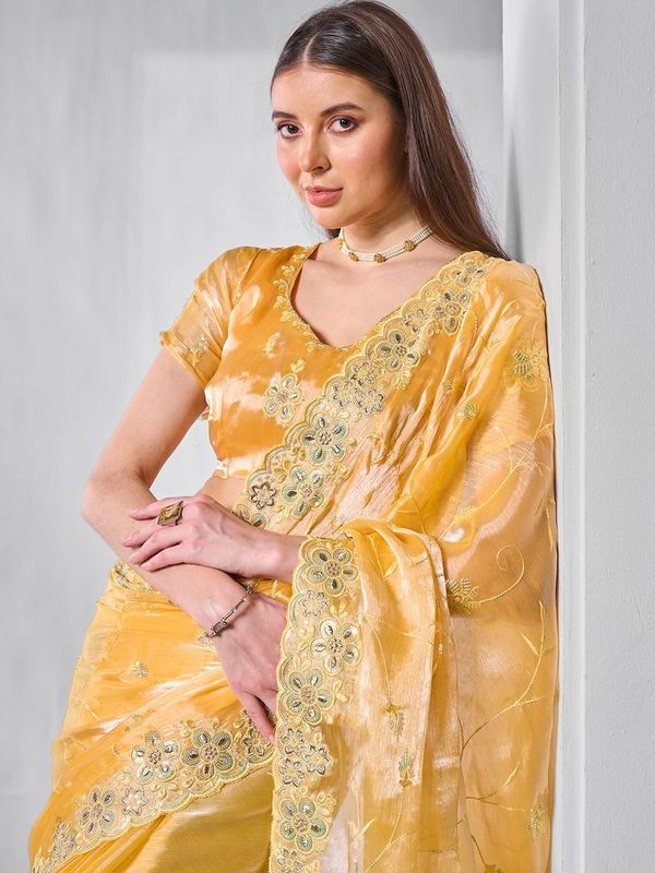 Yellow Color Burburry Fabric Bollywood Style Designer Embroidery Work Evening Party Saree