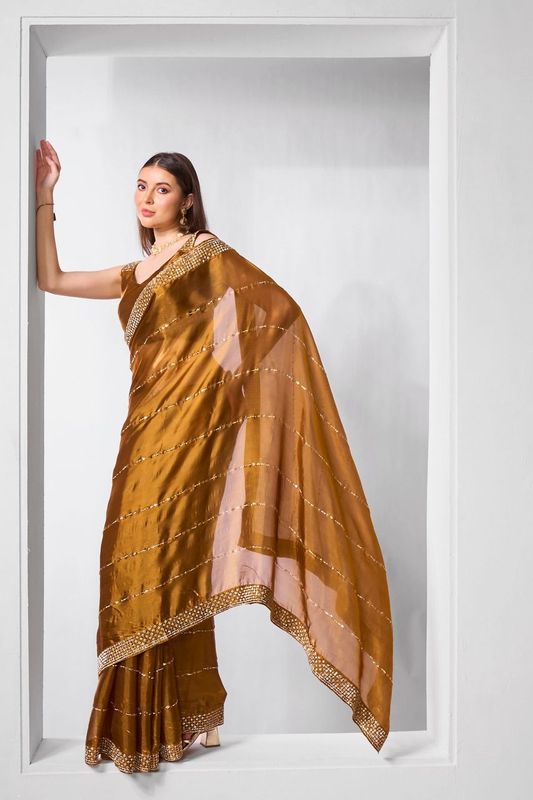 Brown Color Jimmy Choo Fabric Designer Embroidery Work Ceremonial Partywear Saree