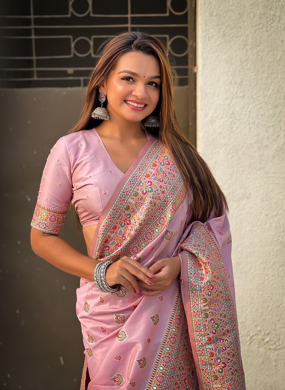 Pink Wevon Kashmiri Meenakari Designer Pashmina Silk Saree
