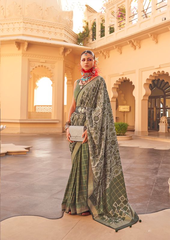 Green Wevon Border Designer & Printed P V Silk Saree