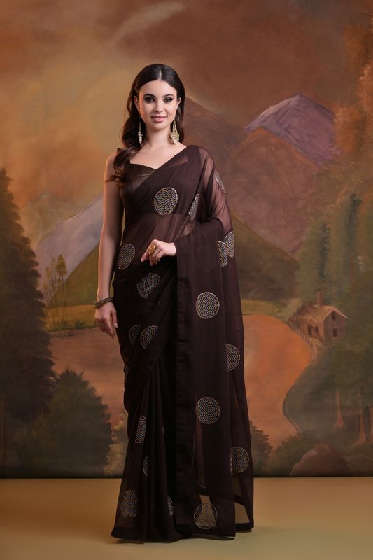 Coffee Designer Sequance Embroidery Work Georgette Saree