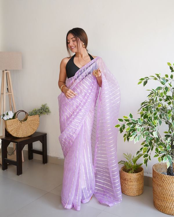 Lavender Silver Gota Embroidery Work Organza Saree