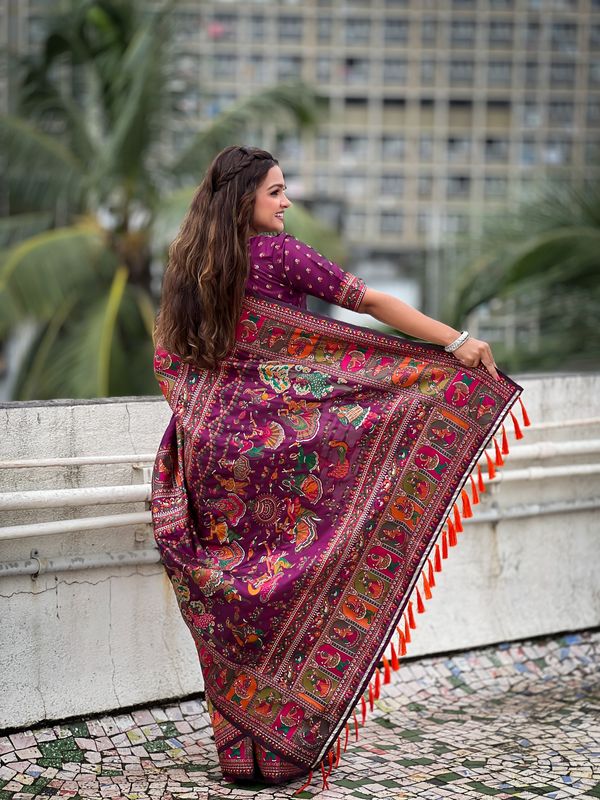 Purple Pashmina Silk Wevon Kashmiri Meenakari Designer Ethnic Indian Rich Looks Saree